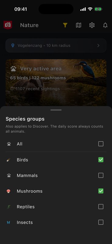 Nature tab with birds and mushrooms chosen as groups