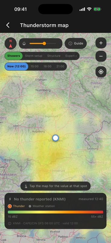Thunderstorm map with shower forecast and time steps
